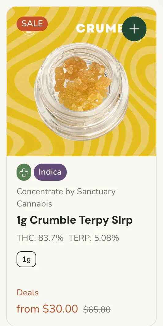 Sanctuary Cannabis: 1g Crumble Terpy Slrp on Sale from $30.00, concentrates deal in Florida