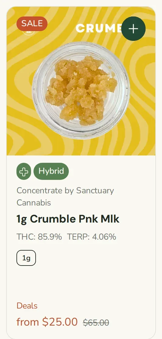 Sanctuary Cannabis: 1g Crumble Pnk Mlk from $25.00, concentrates deal in Florida