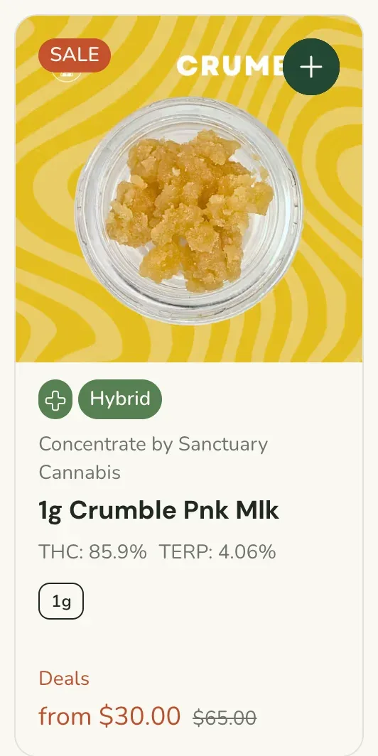 Sanctuary Cannabis: 1g Crumble Pnk Mlk from $30.00, concentrates deal in Florida