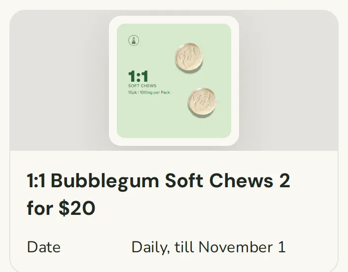 Sanctuary Cannabis: 1:1 Bubblegum Soft Chews 2 for $20, edibles deal in Florida