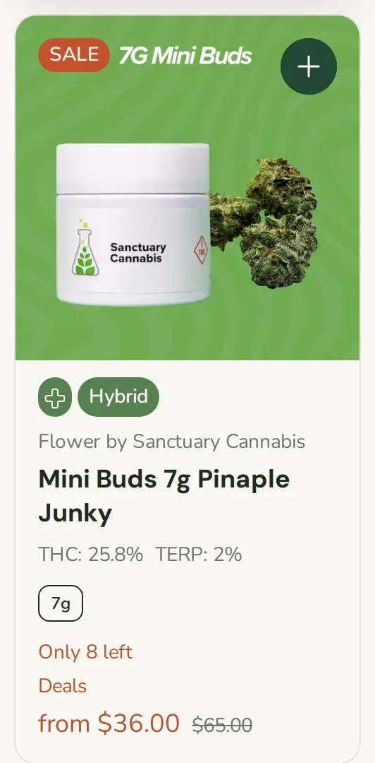 Sanctuary Cannabis: Mini Buds 7g Pinaple Junky $36.00, was $65.00 (Flower by Sanctuary Cannabis)