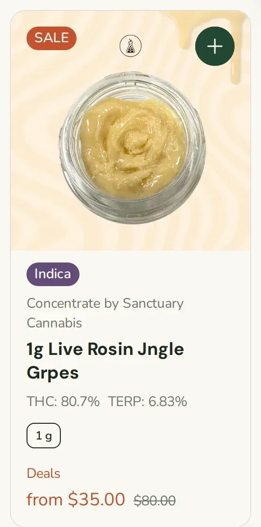 Sanctuary Cannabis: 1g Live Rosin Jngle Grpes from $35.00