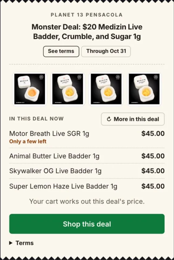 Planet 13: Monster Deal: $20 Medizin Live Badder, Crumble, and Sugar 1g, concentrates deal in Florida