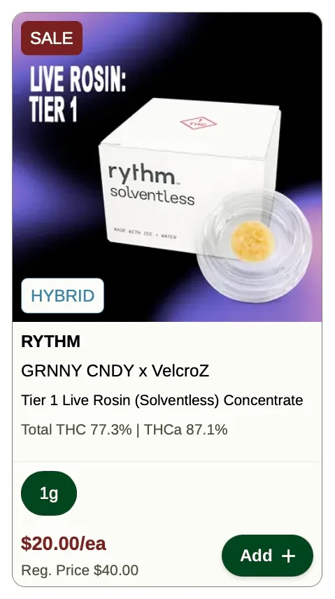 Rise: RYTHM Live Rosin Tier 1 - $20/ea (Reg. $40), concentrates deal in Florida