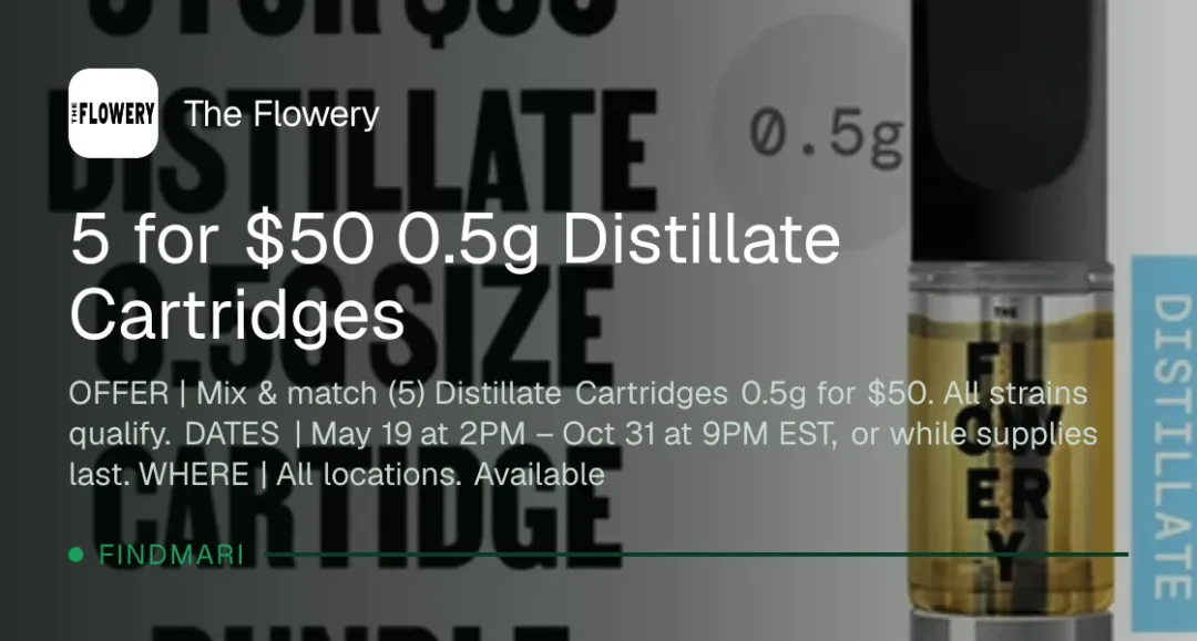 The Flowery: 5 for $50 0.5g Distillate Cartridges