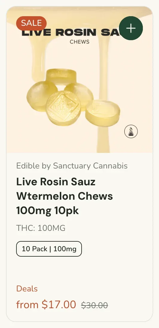 Sanctuary Cannabis: Live Rosin Sauz Wtermelon Chews 100mg 10pk, edibles deal in Florida