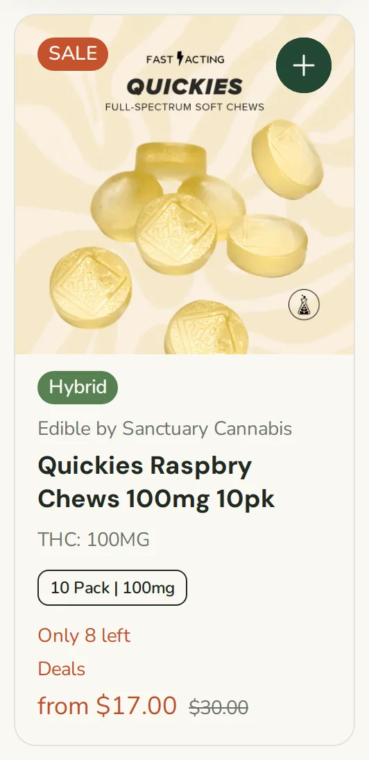 Sanctuary Cannabis: Quickies Raspberry Chews 100mg 10pk