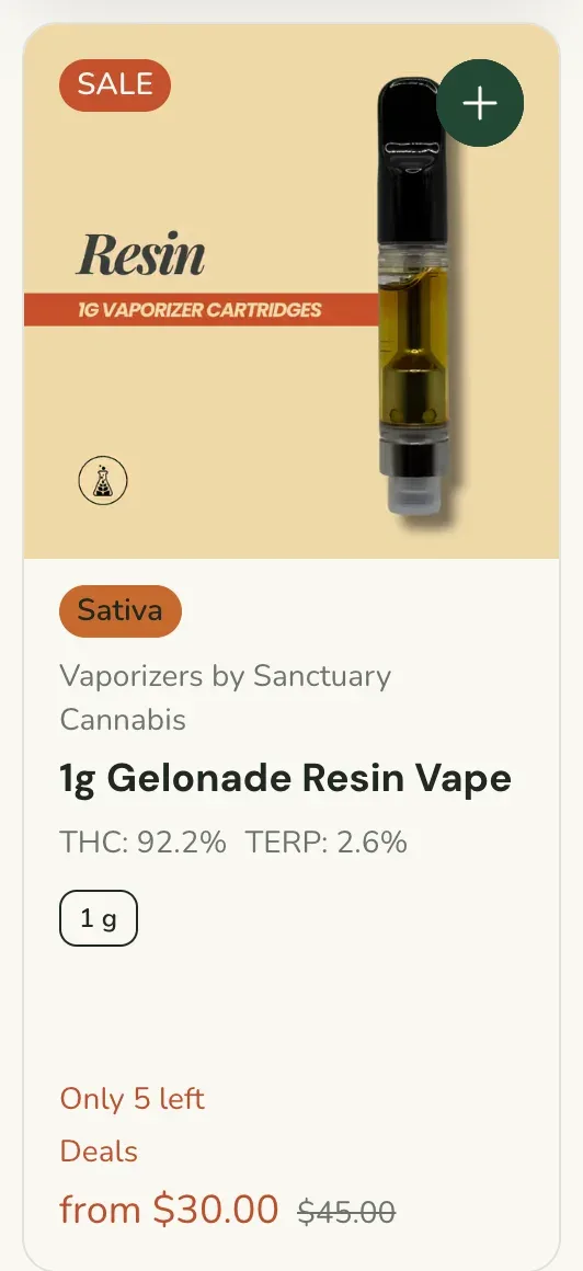 Sanctuary Cannabis: 1g Gelonade Resin Vape from $30.00, vapes deal in Florida