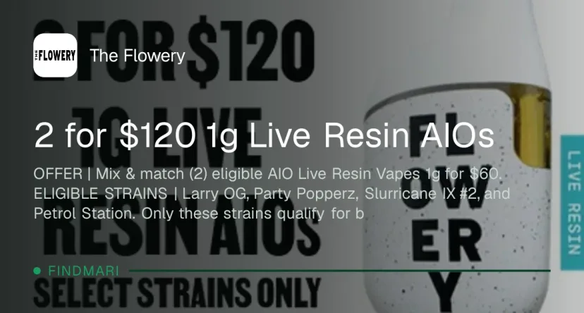 The Flowery: 2 for $120 1g Live Resin AIOs, oferta de vapeadores en Florida