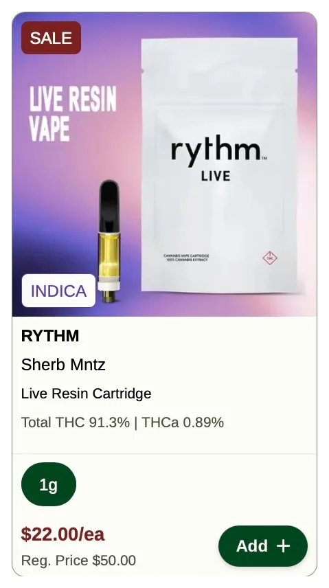 Rise: RYTHM Sherb Mntz Live Resin Vape on Sale, vapes deal in Florida