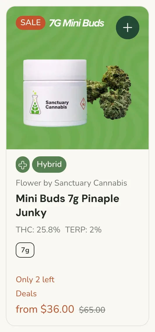 Sanctuary Cannabis: Mini Buds 7g Pinaple Junky from $36.00, flower deal in Florida