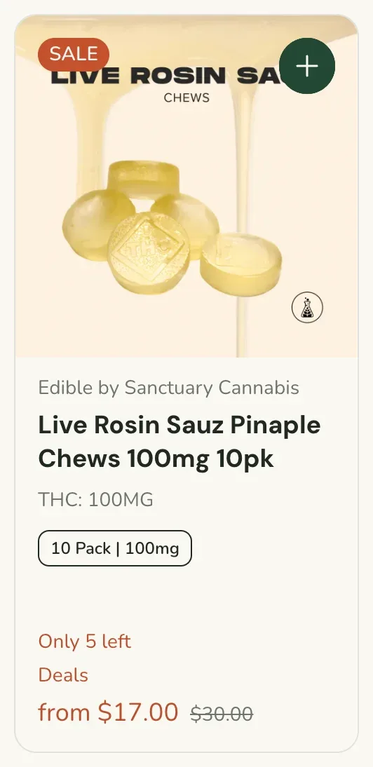 Sanctuary Cannabis: Live Rosin Sauz Pineapple Chews 100mg 10pk, edibles deal in Florida