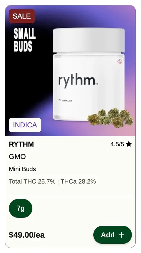 Rise: Rythm GMO Small Buds - 7g Indica on Sale, flower deal in Florida
