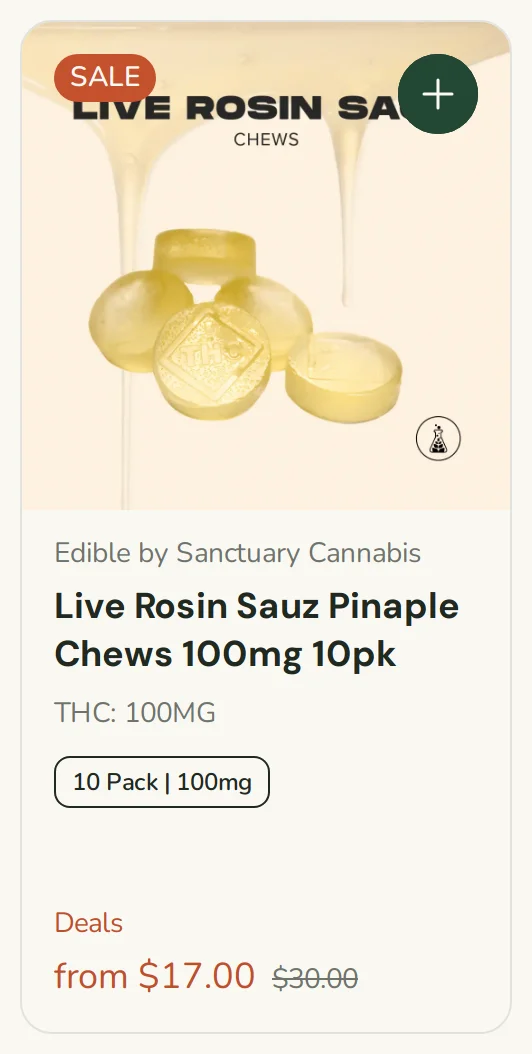 Sanctuary Cannabis: Live Rosin Sauz Pinaple Chews 100mg 10pk