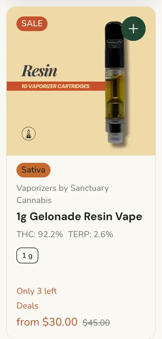 Sanctuary Cannabis: 1g Gelonade Resin Vape, vapes deal in Florida