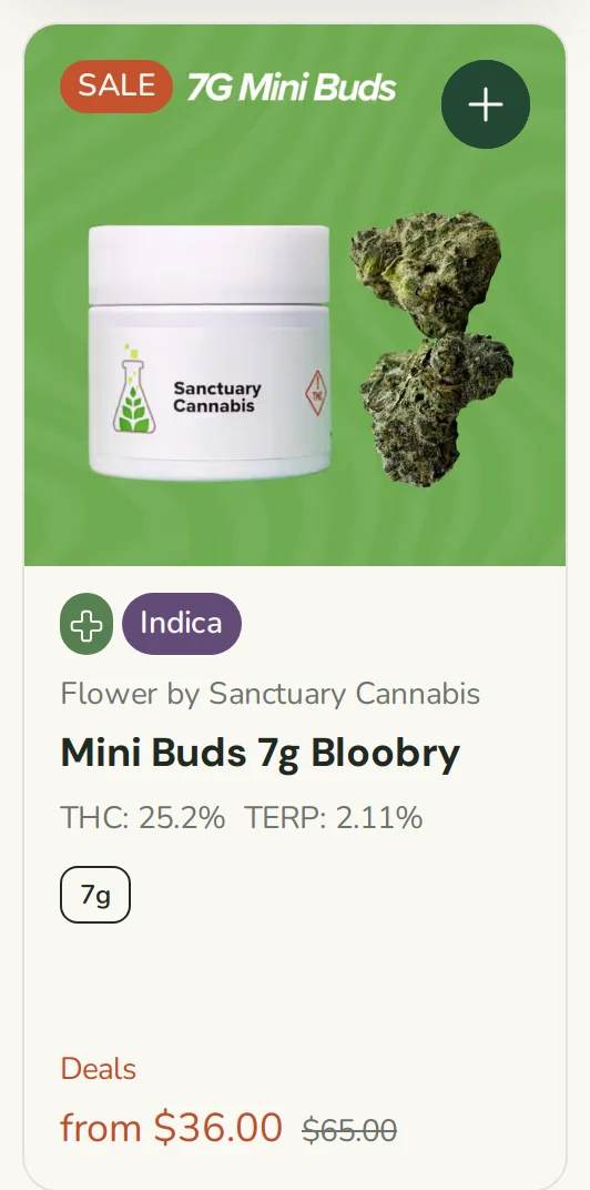 Sanctuary Cannabis: 7G Mini Buds Bloobry on Sale