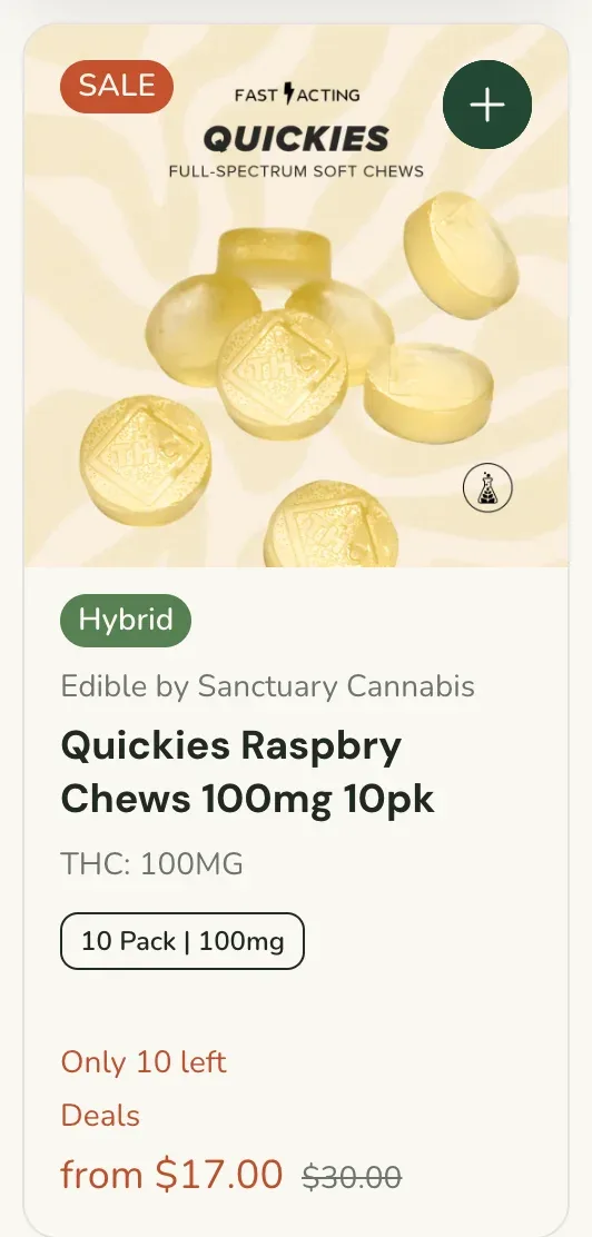 Sanctuary Cannabis: Quickies Raspberry Chews 100mg 10pk, edibles deal in Florida
