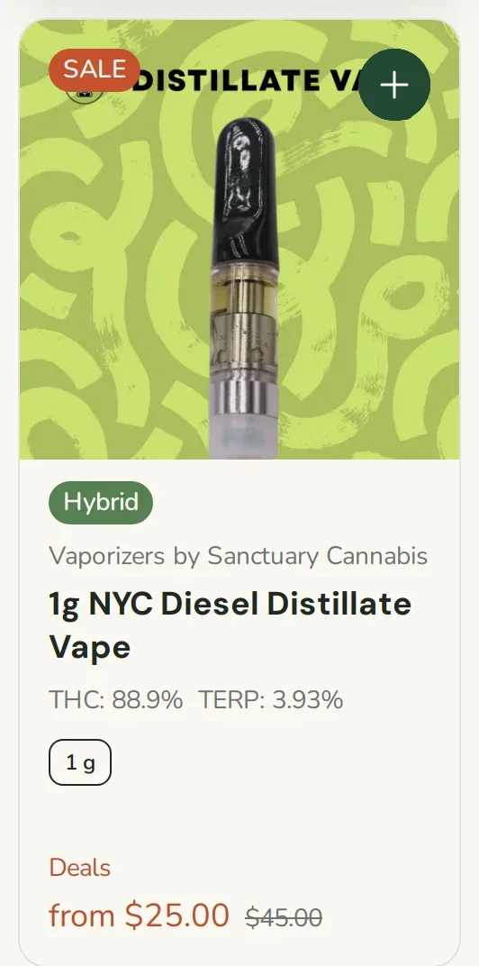 Sanctuary Cannabis: 1g NYC Diesel Distillate Vape, vapes deal in Florida