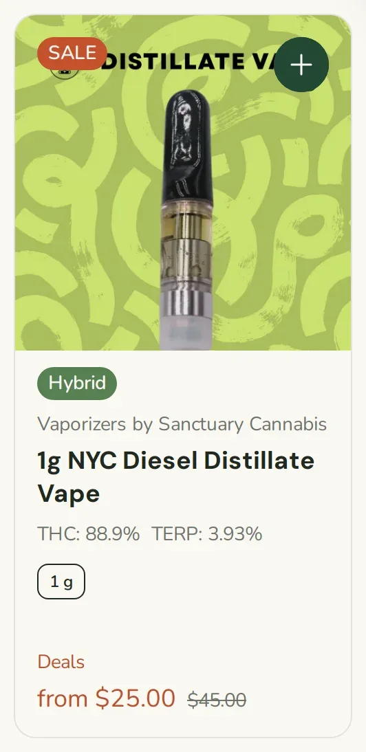 Sanctuary Cannabis: 1g NYC Diesel Distillate Vape, vapes deal in Florida