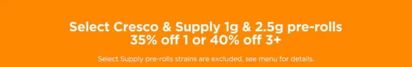 Sunnyside: Select Cresco & Supply 1g & 2.5g pre-rolls 35% off 1 or 40% off 3+, oferta de prerrollados en Florida