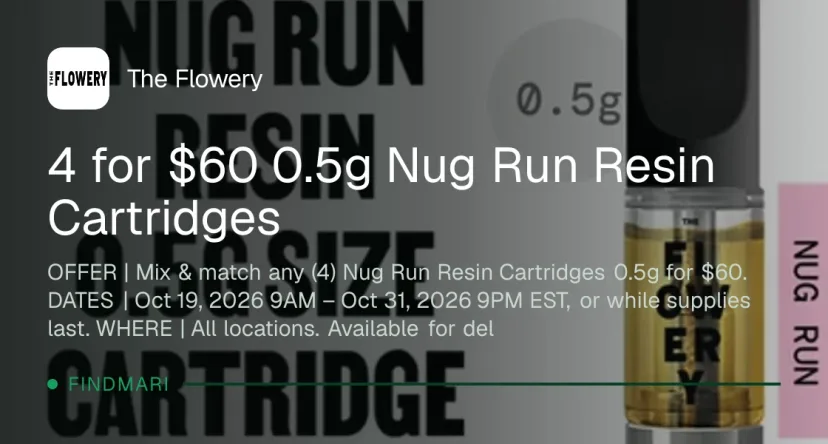 The Flowery: 4 for $60 0.5g Nug Run Resin Cartridges, oferta de vapeadores en Florida