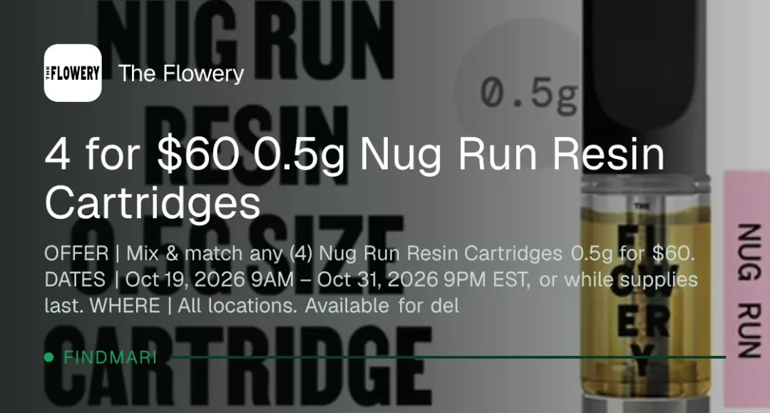 The Flowery: 4 for $60 0.5g Nug Run Resin Cartridges
