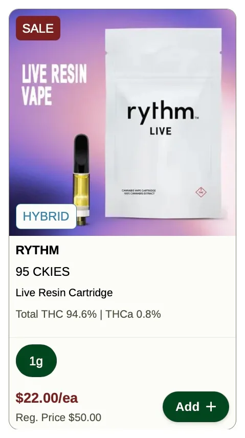 Rise: Rythm 95 Ckies Live Resin Cartridge - $22 Each, vapes deal in Florida