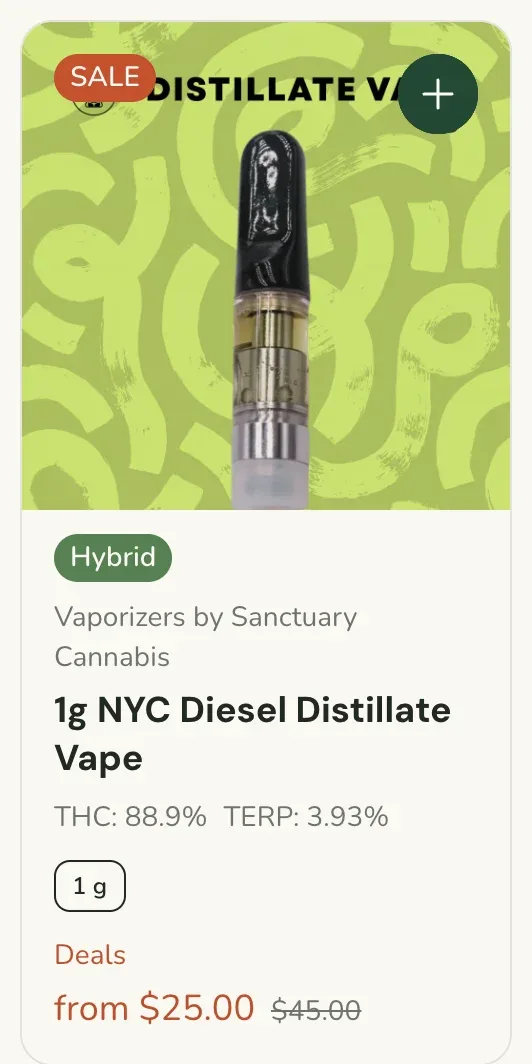 Sanctuary Cannabis: 1g NYC Diesel Distillate Vape, vapes deal in Florida