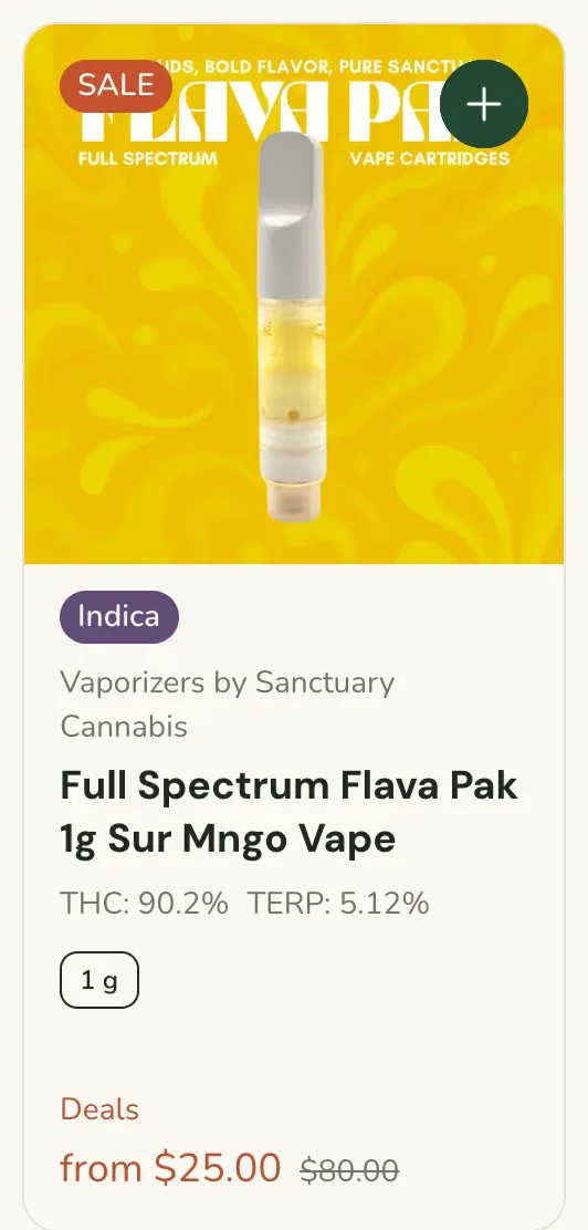 Sanctuary Cannabis: Full Spectrum Flava Pak 1g Sur Mngo Vape from $25.00, vapes deal in Florida