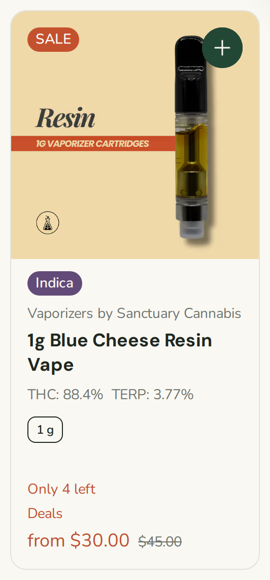 Sanctuary Cannabis: 1g Blue Cheese Resin Vape from $30.00