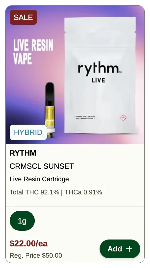 Rise: RYTHM CRMSCL SUNSET Live Resin Vape on Sale, vapes deal in Florida