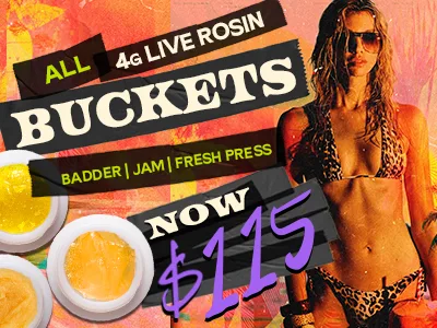 Sunburn: All 4g Live Rosin Buckets Now $115, oferta de concentrados en Florida