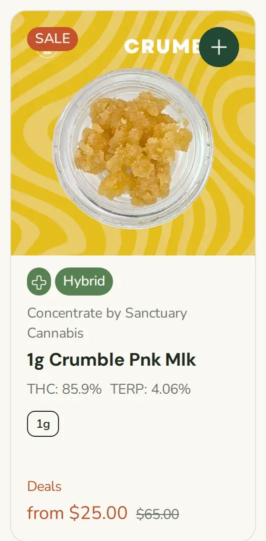 Sanctuary Cannabis: 1g Crumble Pnk Mlk from $25.00, concentrates deal in Florida