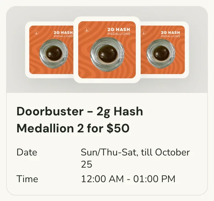 Sanctuary Cannabis: Doorbuster - 2g Hash Medallion 2 for $50, concentrates deal in Florida