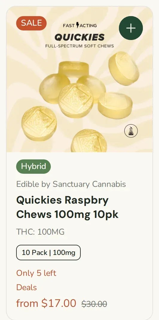 Sanctuary Cannabis: Quickies Raspberry Chews 100mg 10pk - Fast Acting, edibles deal in Florida