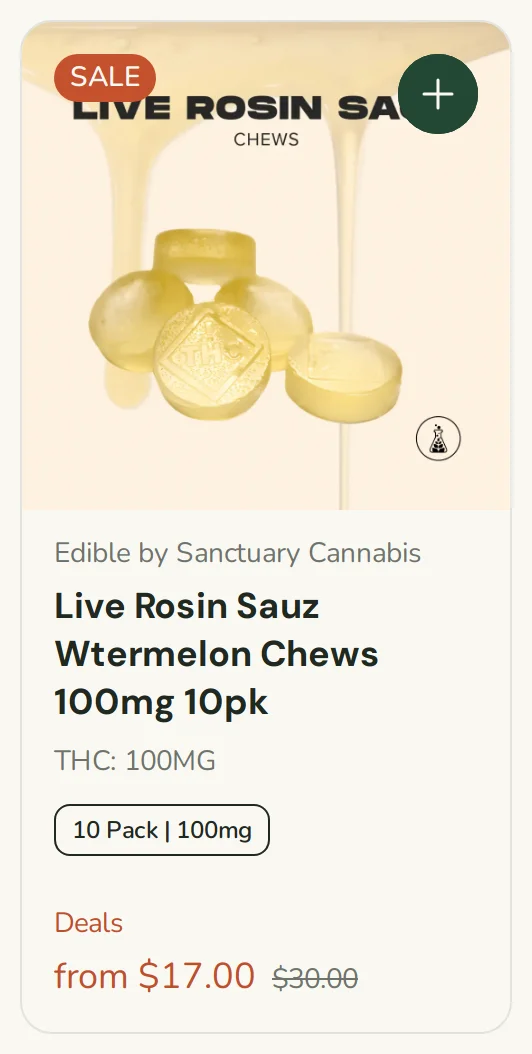 Sanctuary Cannabis: Live Rosin Sauz Watermelon Chews 100mg 10pk