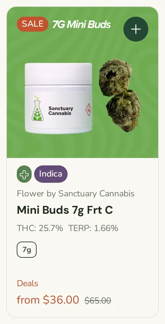 Sanctuary Cannabis: 7G Mini Buds Frt C - Save $29