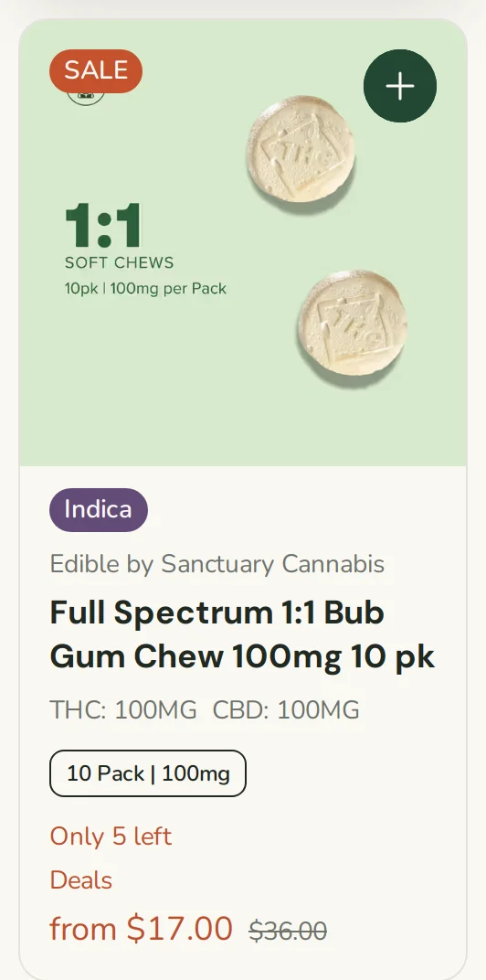 Sanctuary Cannabis: Full Spectrum 1:1 Bub Gum Chew 100mg 10 pk